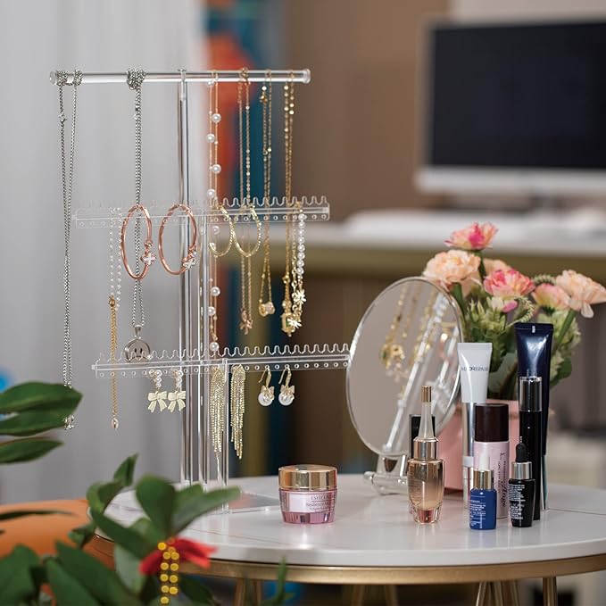 lengnoyp Premium Jewelry Stand, Earring Holder, Necklace Holder Stand, Clear 3-Tier Acrylic Large Storage Jewelry Organizer Stand & Bracelet/Bangles Stand, 48 Earring Holes Display Stands