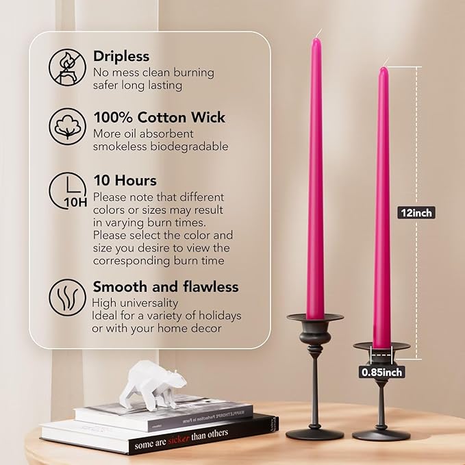 12-Inch Tall Dripless Taper Candles Set of 4 - Hot Pink Tapered Candles, Perfect for Spring - Smokeless, Unscented, Long Burning - Hand Poured, Colored Tall Candlesticks - neon Pink