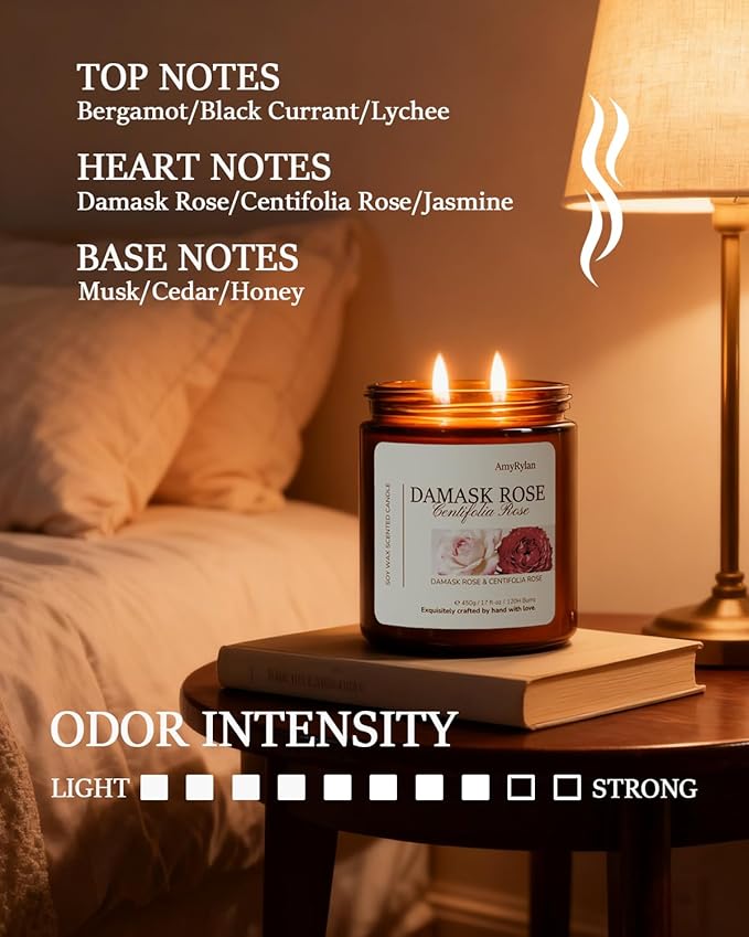 2 Wicks 17oz Large Non-Toxic Soy Wax Scented Candle, Damask Rose&Centifolia Rose 120 Hours of Burn Time, Long Lasting Candle for Gift, Cost-Effective Candle for Home Fragrance, Aromatherapy