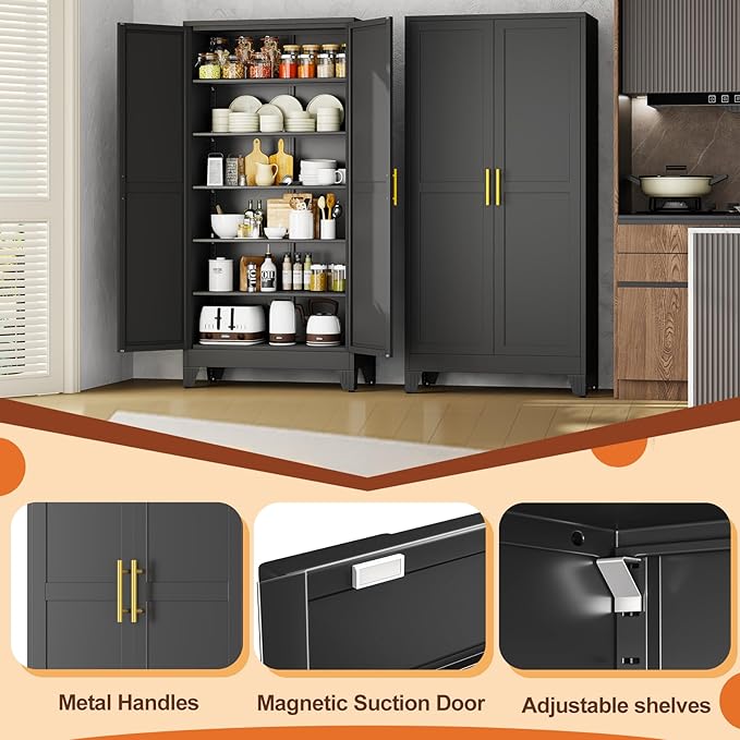Black Metal Storage Cabinet,75" Steel Cabinets for Home Office, Kitchen Pantry Storage Cabinet with Doors and 5 Adjustable Shelves, Tool Cabinets, for Office, Home, Garage, School, 36W