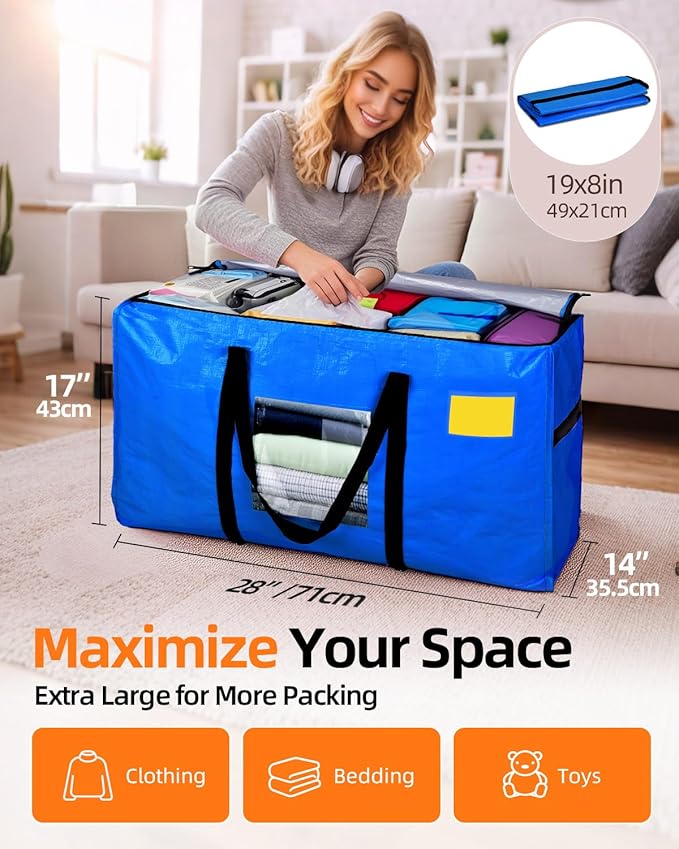 Extra Large Moving Bags, 4 Pack Heavy Duty Storage Bags Boxes Bins Totes with Hnadles Zippers Visible Window for Clothes College Dorm Travel, Blue