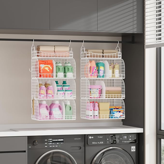 SWTYMIKI Hanging Closet Organizer Storage - 4 Tier Metal Stackable Hanging Closet Shelves with Dividers and S Hooks, Foldable Clothes Shelves for Clothes, Pants, Shoes, Coat, Hats Clutches Accessories
