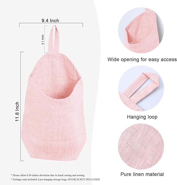 100% Linen Hanging Storage Bags Baskets 2 Pcs, Small Wall Storage Bag for Kitchen, Bedroom, RV Camper Organizer, Sewing Room, Nursery Storage, Kids Room (Pink)