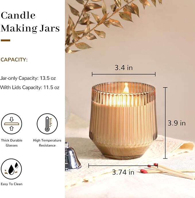 Simeitol 13 OZ Candle Making Kit - 6 Pack Amber Ribbed Glass Jars With Bamboo Lids and Wick Kit for Containers