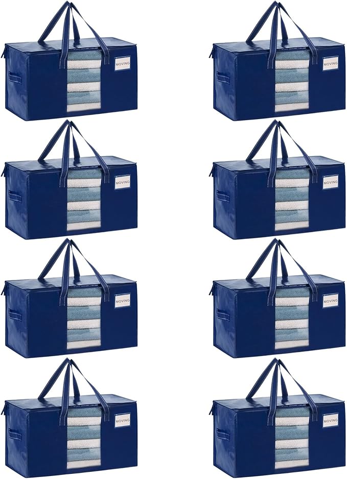 VENO 8 Pack Heavy Duty Moving Bags, Clothes and Comforter Storage Bags with Clear Window, College Dorm Essentials Packing Supplies, Foldable Boxes Alternative (Blue, 8 Pack)