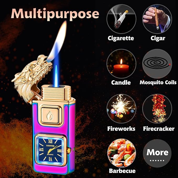 Torch Lighter, Smart Voice-Control Magic Dual Flame Dragon Lighter, Windproof Design with Visible Fuel Tank, Adjustable Flame Refillable Butane Lighters for Men Friends Gifts (Without Butane)-Black-D