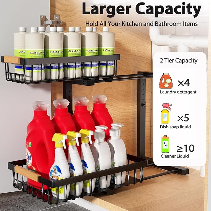 Liuoud Under Sink Organizer Storage 1 pack, 2 Tier Slide Out Height Adjustable Pull Out Cabinet Organizer Drawers, Kitchen Bathroom Large Capacity Metal Under Sink Rack Caddy Basket Shelves, Black