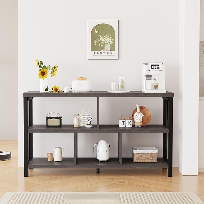 IBF Industrial 5 Cube Storage Organizer Bookshelf, Rustic Low Horizontal Book Shelf, Metal and Wood Cube Bookcase for Bedroom, Modern Wide Cubby Shelf for Living Room Home Office, Dark Grey Oak, 47 In