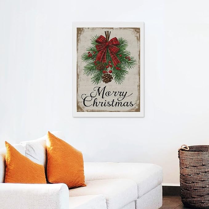 AIVKIEJK Diamond Painting Kits for Adults - Merry Christmas Holly, Pine Cones & Red Plaid Bow Painting DIY 5D Full Drill Diamond Dots Paintings with Diamonds Gem Art and Crafts Home Decor 12"x16"