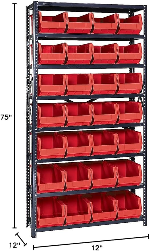 Quantum Storage Systems QSBU-240RD Giant Open Hopper Steel Shelving System, 12" D x 36" W x 75" H, with 8 Shelves and 28 QU240 Bins, Red