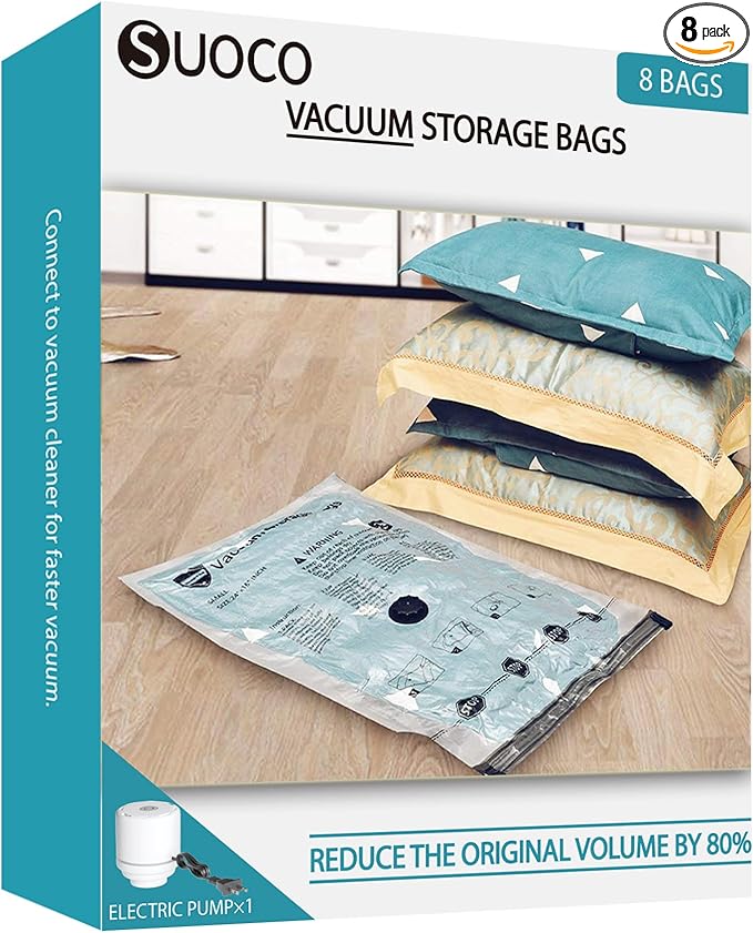 SUOCO 8 Combo Vacuum Storage Bags with Electric Pump, (2 Jumbo, 2 Large, 2 Medium, 2 Small) Travel Clothes Space Saver Bags, Compression Airtight Seal Bags for Clothing, Pillows, Comforters, Blankets