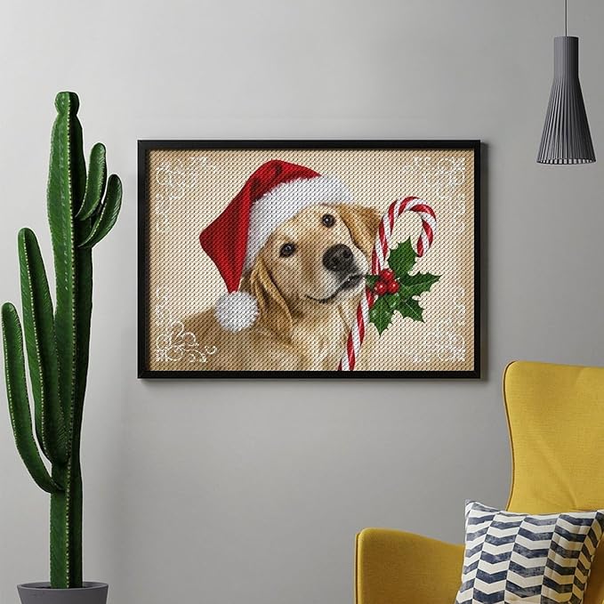 Diamond Painting Kits for Adults - Christmas Golden Retriever Puppy in Santa Hat with Candy Cane Painting DIY 5D Full Drill Diamond Dots Paintings with Diamonds Gem Art And Crafts Home Decor 8"x12"