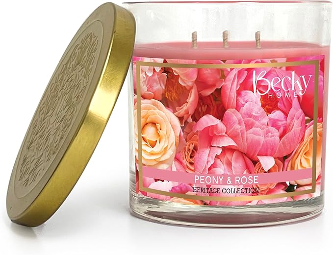 Peony and Rose Scented 3-Wick Candle in Glass Jar | Candles for Home | 14.5oz Rustic Home Decor Novelty Candle | 60 Hour Burn Time Candle