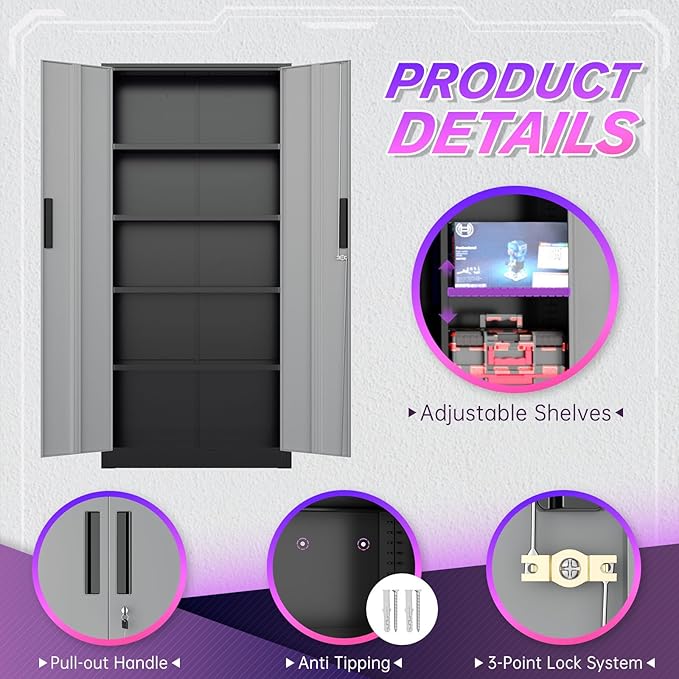 Superday Metal Storage Cabinets, 71" Storage Cabinet with Locking Door, Tall Garage Cabinet with 2 Doors and 4 Adjustable Shelves for Home Office, Classroom, Easy Assemble(Black Grey)