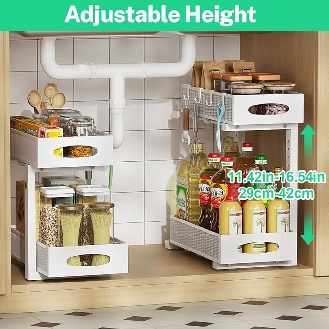 1 Pack Under Sink Organizer and Storage, 2 Tier Pull Out Sliding Cabinet Shelf, 5-Level Height Adjustable Thickened Carbon Steel Storage Rack for Kitchen Bathroom Cabinet, White