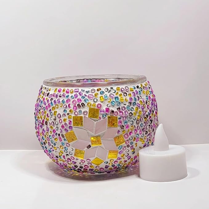 Turkish Mosaic Candle Holder Kit Glass Base Cover + Mosaic Glass Pieces & Beads Create Your Own Creative Glass and Garden Craft Make Table Tea Light Holder for Adult Teenager Familie and Couple