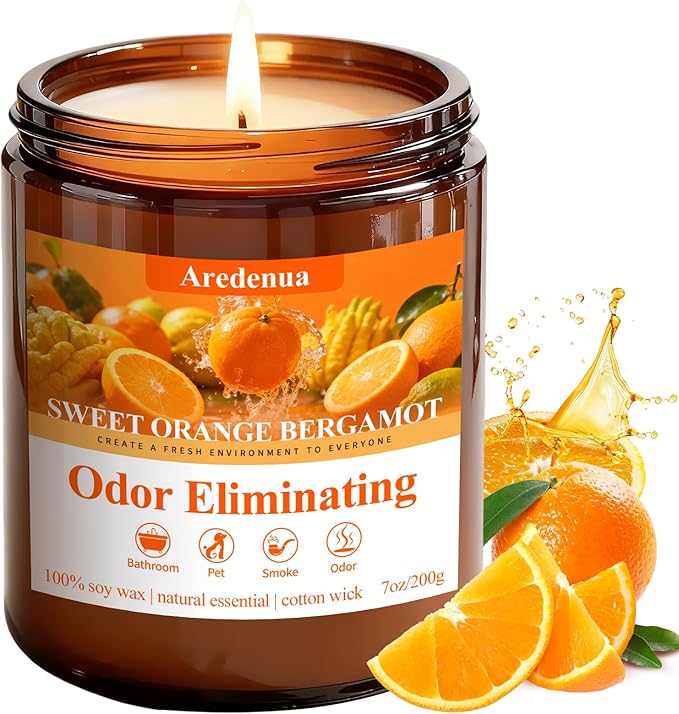 Sweet Orange Bergamot Odor Eliminating Candles | Eliminates 95% of Pet, Smoke & Bathroom Odors – 7oz Hand Poured Non-Toxic Soy Candle - Air Freshing Scented Candle Gifts for Positive & Relaxation