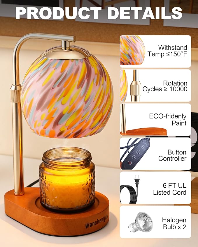 Stained Glass Candle Warmer Lamp with Dimmable 7-Level Brighness, Adjustable Height with 2/4/8H Timer, Home Decor with 2 Bulbs and Gifts for Women Mom Scented Jar Candles- Gold