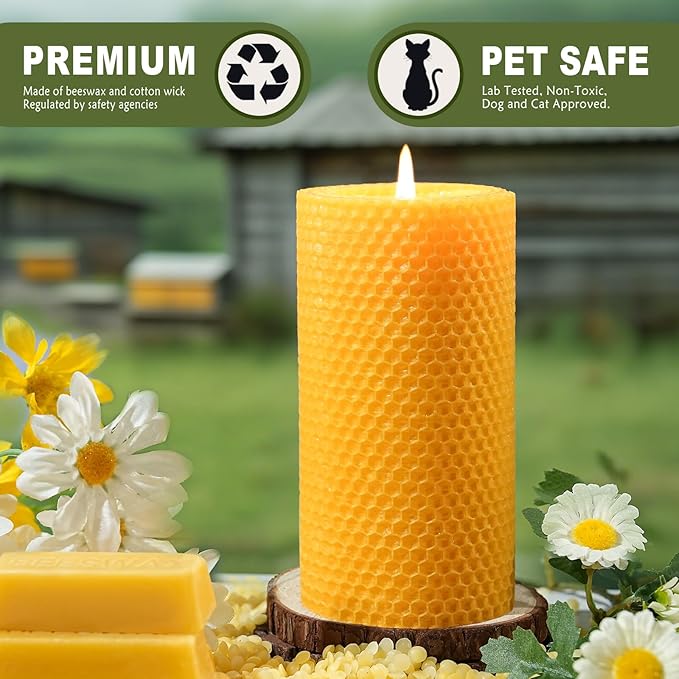 4 Packs Beeswax Pillar Candles - 2.8x6inchs Hand-Rolled Beeswax Candles, 180 Hours Long Burning Handmade Unscented Honeycomb Bees Wax Pillar Candle for Meditation Emergency Home Prayer (2.8x6 in)