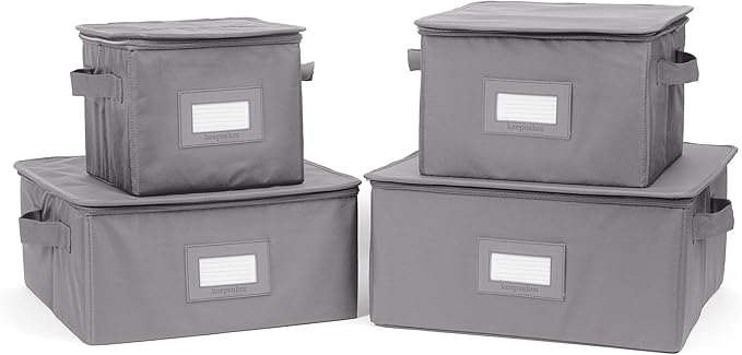 Covermates Dish Storage Box Set – China & Dinner Plate Storage Containers with Felt Dividers, Dual Zippers, Reinforced Handles, ID Window & Stackable Design, Graphite