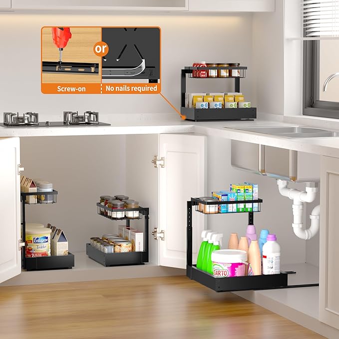 CAWIU 2-Pack Expandable Under Sink Organizers and Storage, 2-Tier Adjustable Pull-Out Cabinet Organizers, Slide-Out Shelves with Width (9.9"-15.7") & Height (11.6"-15.6") for Kitchen & Bathroom