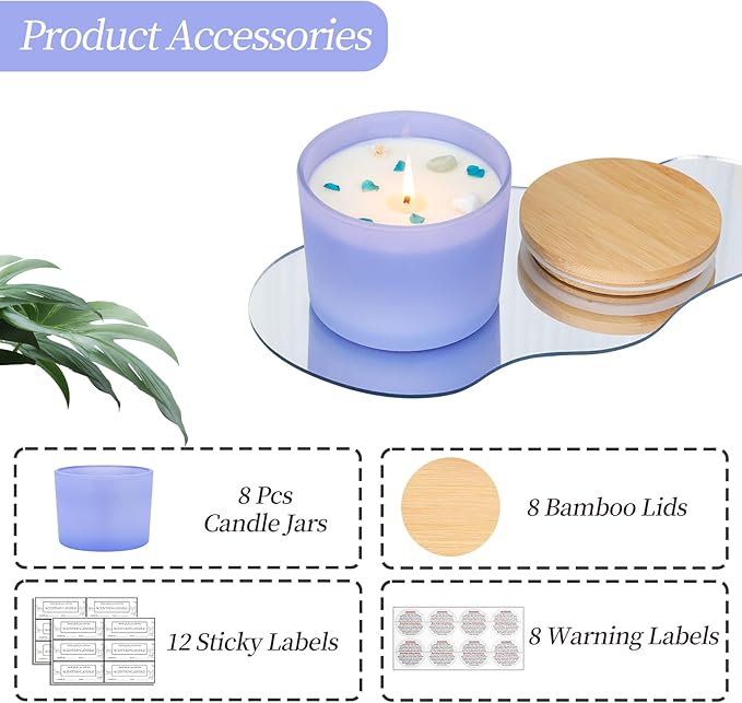 CONNOO 8 Pack 12 OZ Purple Glass Wide Mouth Candle Jars for Making Candles with Airtight Bamboo Lids Nice Sticky Warning Labels for Candle Making Empty Container Bulk - Dishwasher Safe