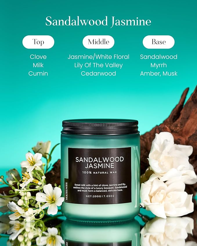 M&SENSE Sandalwood Jasmine Scented Candles for Home, 7.05oz Natural Soy Wax, 50 Hours Cute Candles Non Toxic, Spring Smelling Home Fragrance for Women, Aromatherapy Gifts for Housewarming