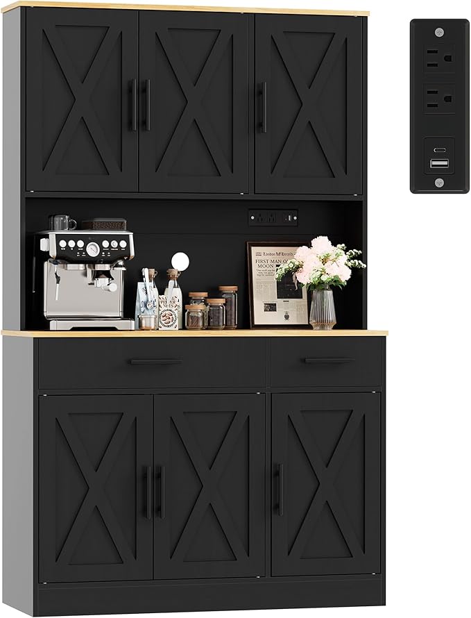 Vongrasig Farmhouse Pantry Cabinet with Charging Station, Tall Kitchen Pantry with Microwave Stand, Storage Drawers & Shelves, Large Kitchen Hutch for Living Room, Dining Room, Black