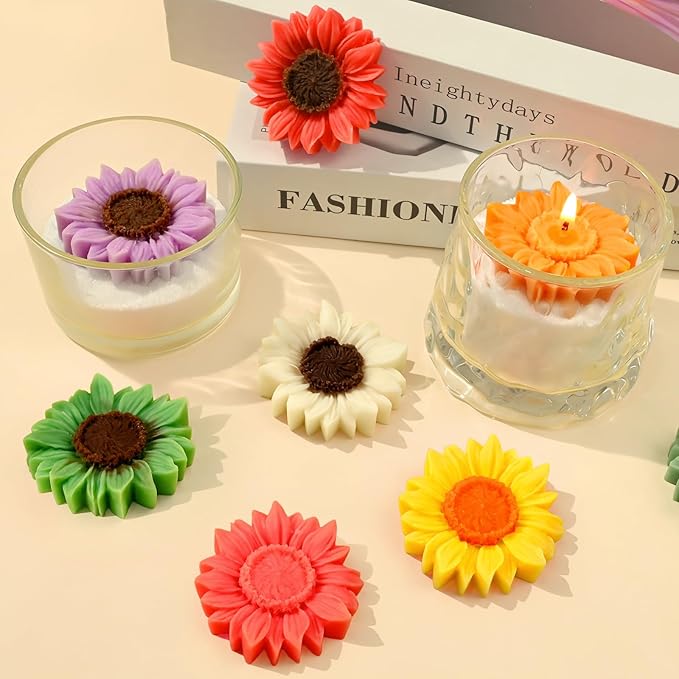 4 Pcs Sunflower Candle Molds, 3D Flower Fondant Chocolate Cake Cupcake Topper Decoration Silicone Mold, DIY Tealight Candle Soap Wax Epoxy Resin Concrete Casting Polymer Clay Craft