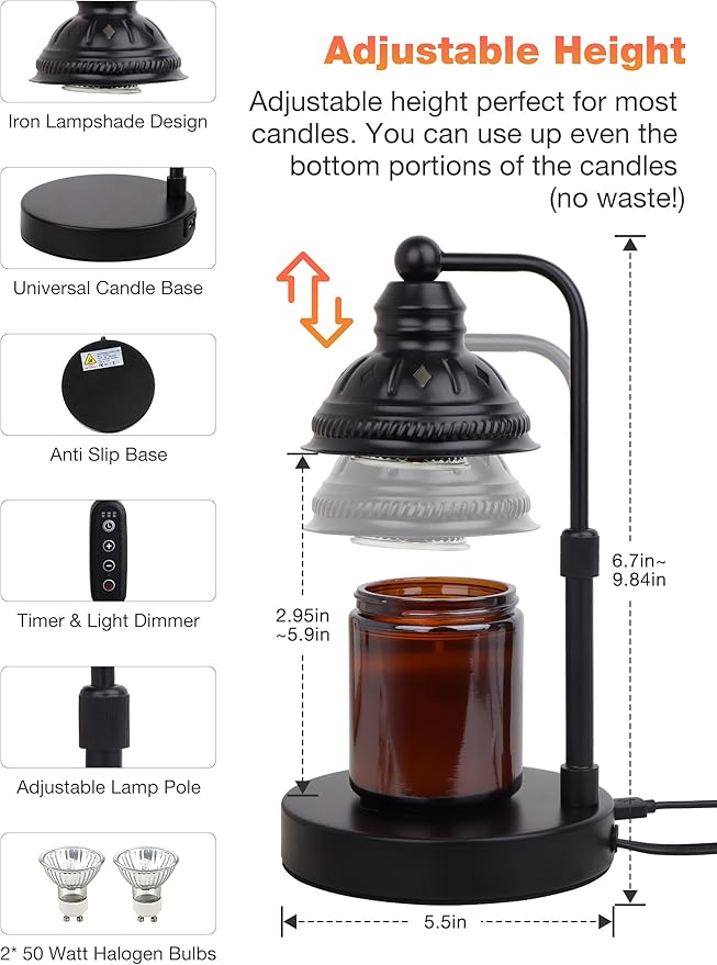 Candle Heater Lamp with Timer and Dimming Function, Height Adjustable Candle Melting Lamp Heater for Aromatherapy Jar Candles, Home Decor for Women (Black)