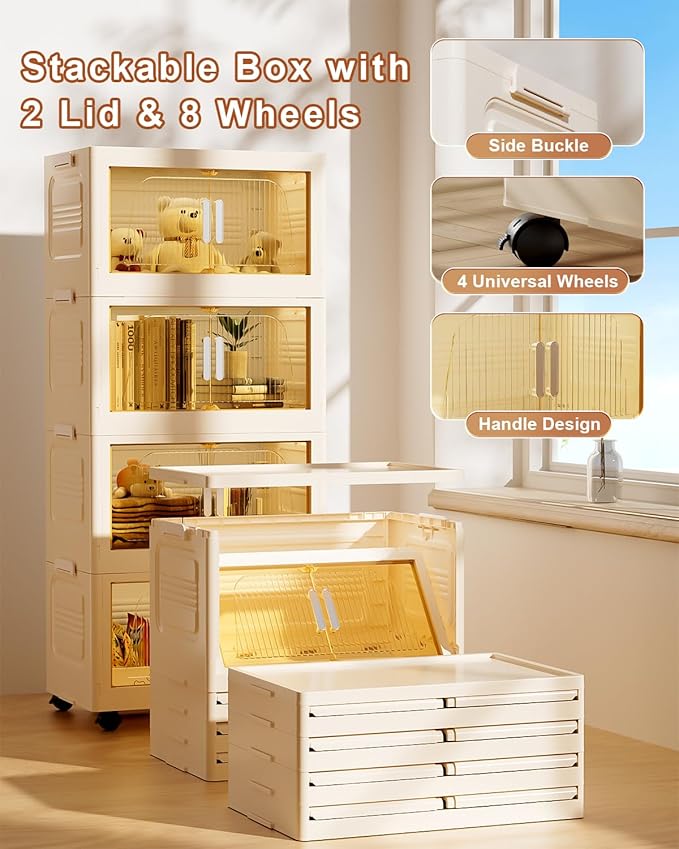 Stackable Storage Bins with Lids, 76QT Storage Containers with Smooth-Rolling Wheels, Plastic Closet Organizers and Storage, Collapsible Storage Bins for Home, Office and Dorm（4 Pack）