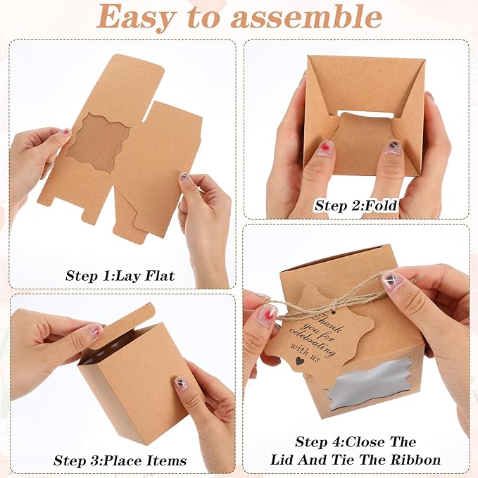 Lemecima 50 Set Candle Gift Box Transparent Gift Packaging Box for 4-10 oz Candles 50 Paper Thank You Tag with Ropes for Wedding Birthday Baby Shower Party Favor, 3.35 x 3.35 x 3.94 in (Brown)