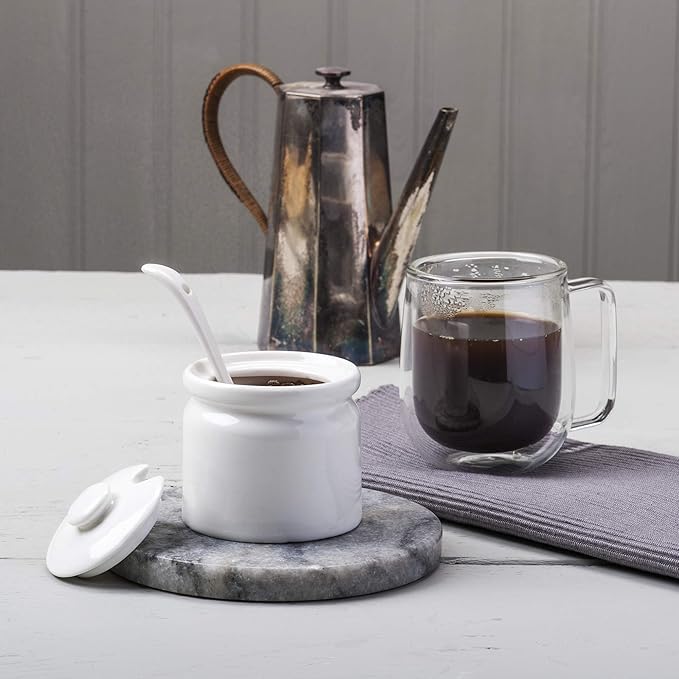 WM Bartleet & Sons 1750 T165 Traditional Porcelain Sugar/Jam/Mustard Pot with Lid & Spoon 8cm – White, 24 oz