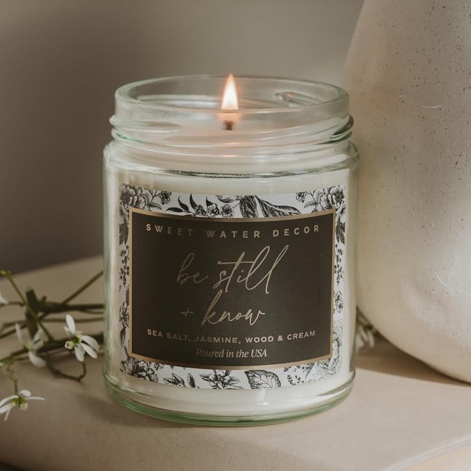 Sweet Water Decor Be Still and Know Candle, Sea Salt, Jasmine Cream, and Wood Scented Soy Wax Candle for Home, Christian Gift for Women, 9oz Clear Jar, 40 Hour Burn Time, Made in the USA