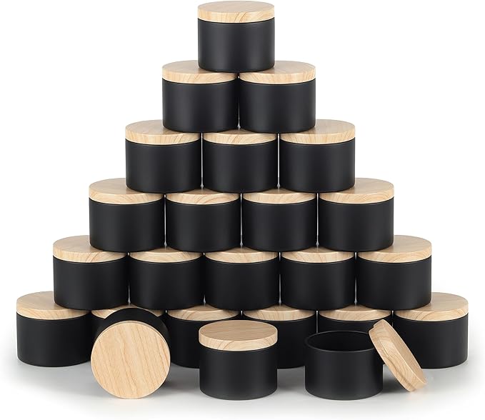 24 Pcs 8oz Candle Tins - Matte Black Bulk Empty Candle Jars with Wood Grain Lids, Candle Jars for Candle Making, Storage, and Gift (black-8oz)