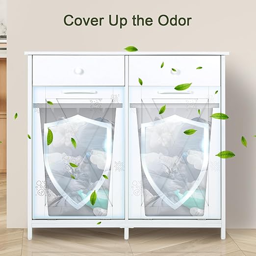 Clevich Double Tilt Out Trash Bin Holder, Wooden Recycling Cabinet w/Drawers & Tabletop, Dog-Proof, NOT Included(White)