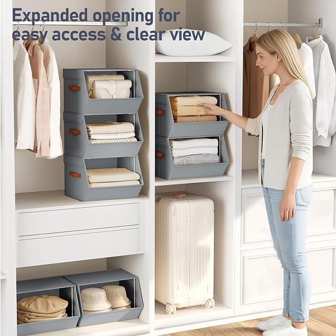 Stackable Closet Organizers and Storage Bins, Open Front Closet Shelf Organizer System With Steel Frame, Clothes Storage Basket Fabric, Collapsible Closet Drawers for Wardrobe, Nursery ,Toy, 6 Pack