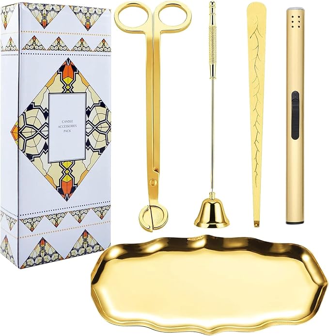 5 in 1 Candle Trimmer and Lighter Set with Candle Snuffer and Wick Trimmer with Tray, Gold Candle Wick Trimmer and Snuffer Set with Lighter and Wick Dipper for Scented Candle Lovers