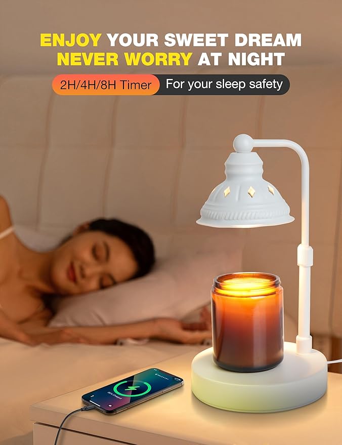 Candle Warming Lamp With Timer, Dimmer, Height Adjustment, USB Charger - Scented Bedroom Home Decor Gift for Women (White)