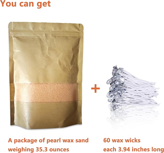 DRMAISON Pearled Candle Wax Sand DIY Kit - 35.3 oz, Orange Yellow, Non-Toxic&Smoke-Free, Refillable with 60 Wicks, Long-Lasting Flame, Highly Customizable for Wedding, Party&Holiday Decor