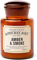 Paddywax Artisan Apothecary Scented Candle with Lid in Reusable Glass Jar, Clean-Burn Soy Candle with Approx. 54 Hour Burn Time, Amber & Smoke, 8 oz.