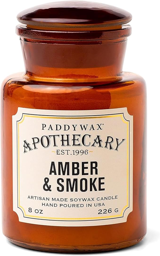 Paddywax Artisan Apothecary Scented Candle with Lid in Reusable Glass Jar, Clean-Burn Soy Candle with Approx. 54 Hour Burn Time, Amber & Smoke, 8 oz.
