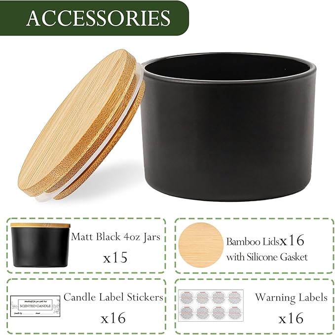 CONNOO 15 Pack 4 OZ Matte Black Glass Candle Jars with Airtight Bamboo Lids for Making Candles, Bulk Small Wide Mouth Empty Candle Containers with Sticky Warning Labels - Dishwasher Safe