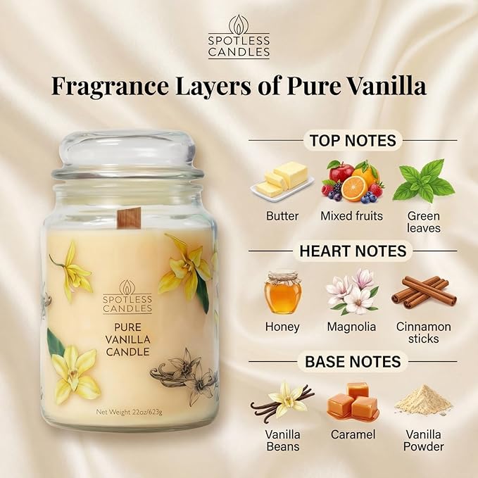 Pure Vanilla Scented Candle 22oz – 80-85 Hour Burn Time, Wooden Wick, Large Glass Jar with Lid, Warm Cozy Fragrance for Home Relaxation & Gift by Spotless Leopard