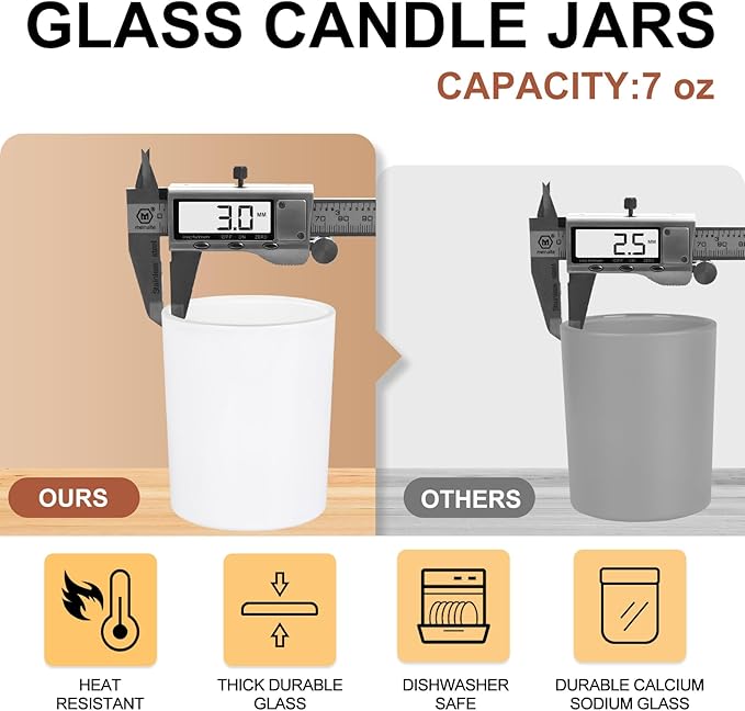 Thick Candle Jars for Making Candles 16 Pcs, 7 OZ Empty Jars with Wood Lids for Candle Making, Sample Container, Glossy White