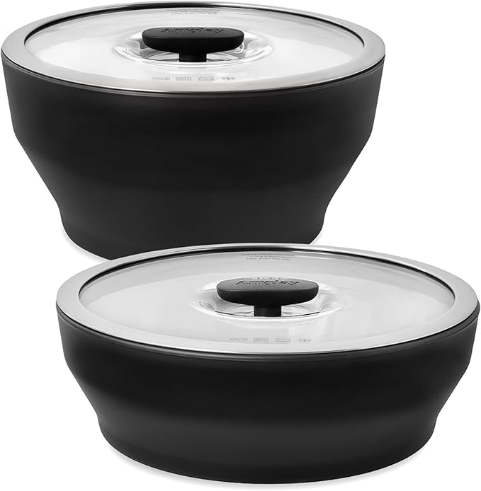 Anyday Onyx Collection 4-Piece Large Microwave Cookware Set | Glass Food Storage with Glass Lids | Plastic-Free Meal Prep | Microwave Steamer & Stackable Airtight Storage Container with Vented Lid