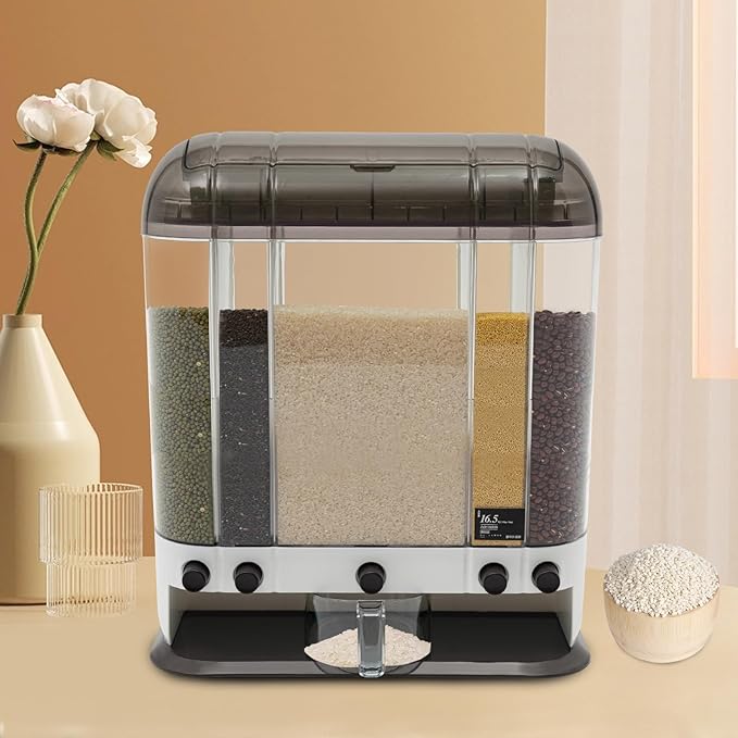 5 Grid 33lbs Dry Grain and Rice Cereal Dispenser Grain Storage Container Dispenser with Lid, Beans Dispenser