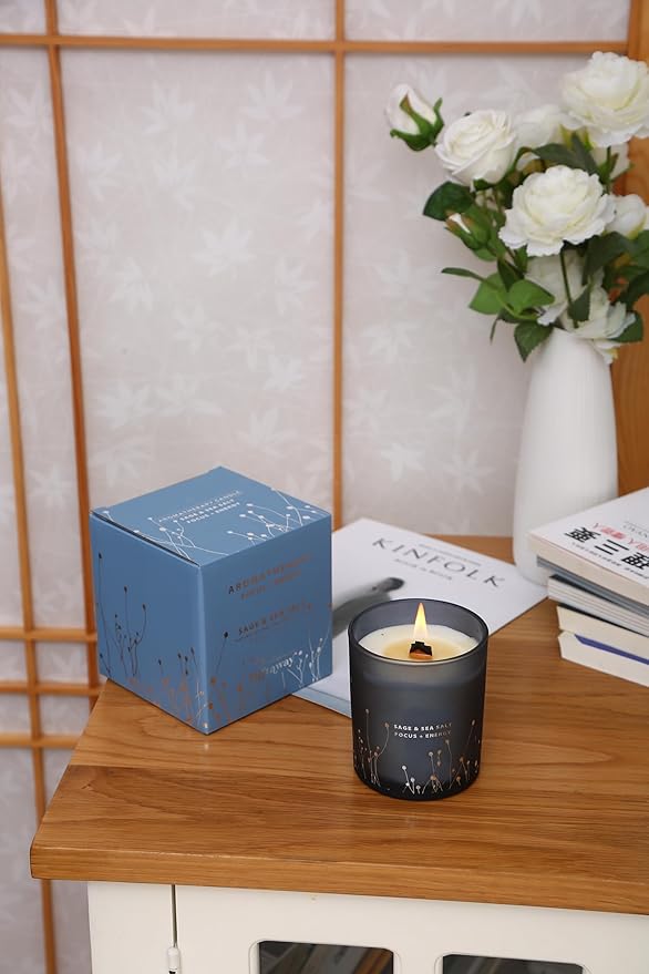 White Sage Sea Salt Wood Wick Soy Scented Candle, 10.6 oz | Sage Candle for Cleansing House | Aromatherapy Energy Cleansing Candle for Home, Meditation, Clean Burning Long Lasting