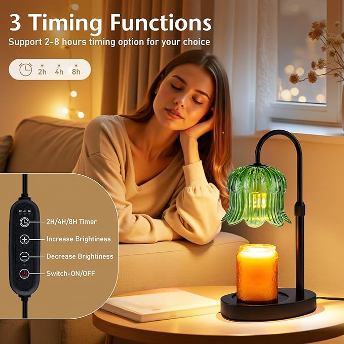 Warlisou Adjustable Candle Warmer Lamp with Timer - Green Lampshade + Black Base