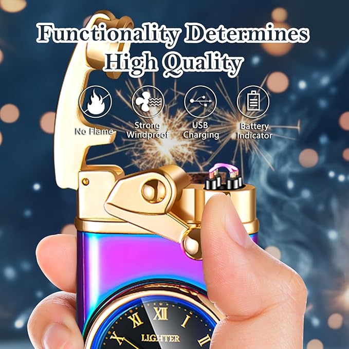 Electric Lighter USB Rechargeable Lighter, Windproof Dual Arc Plasma Lighters, Flameless Electronic Cool Lighters with LED Battery Indication for Men (Magic Clock)